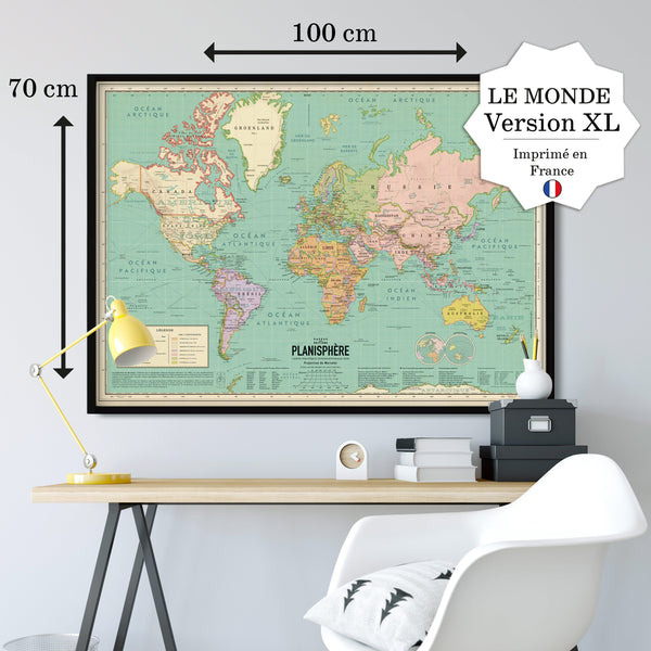 Affiche XXL Carte du monde 2022 style vintage (planisphère en Français) 120 cm x 90cm