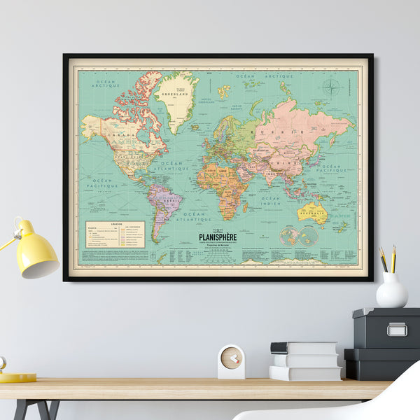 Affiche Carte du monde 2022 style vintage, World map (planisphère en Français) 70 cm x 50 cm