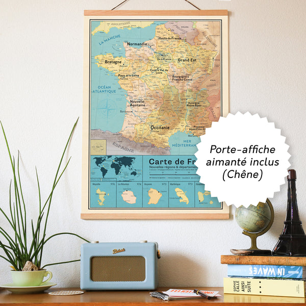 Ensemble Affiche Carte France Vintage - Nouvelles régions avec porte-affiche aimanté