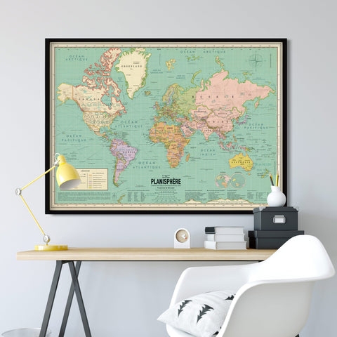 Affiche XXL Carte du monde 2021 style vintage (planisphère en Français) 120 cm x 90cm