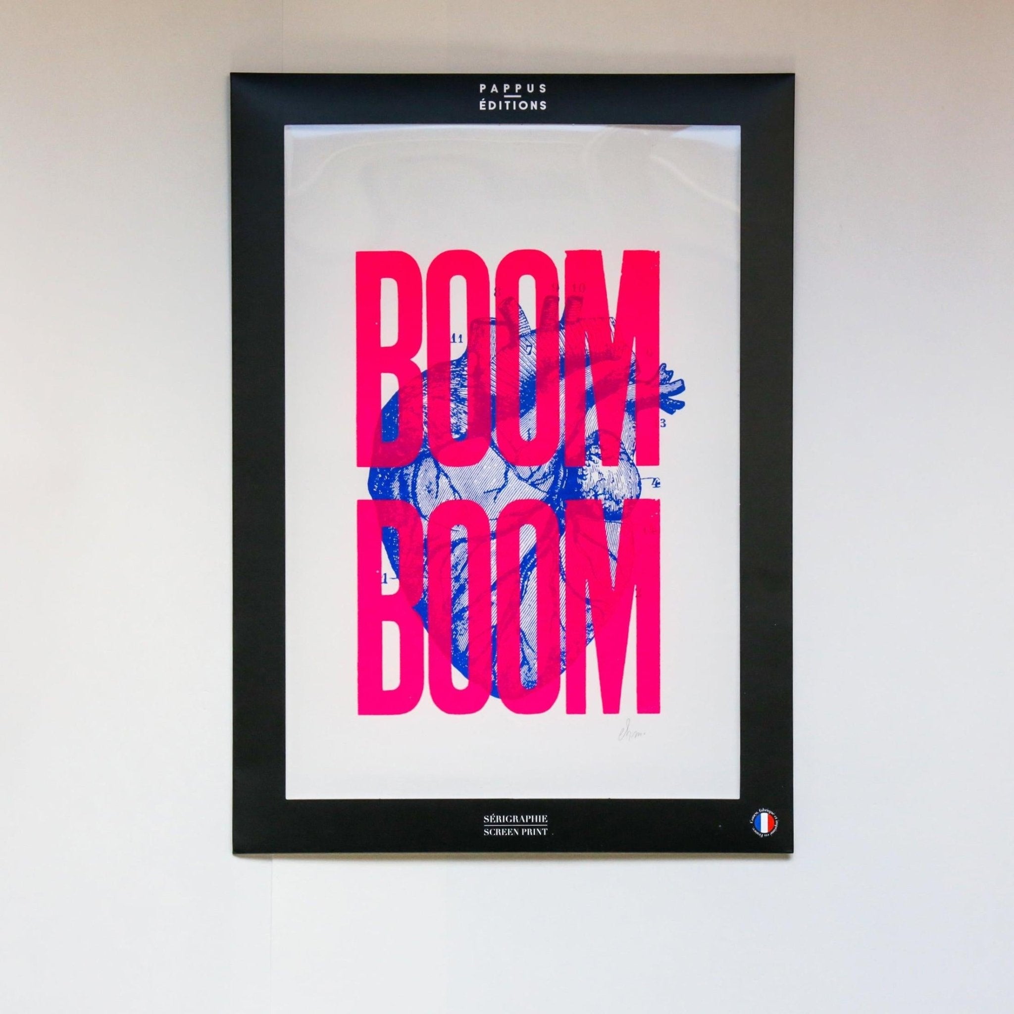 Affiche Boom Boom rose fluo (A3), coeur - Sérigraphie signée - PAPPUS EDITIONS