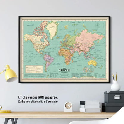 Affiche Carte du Monde actuelle - Planisphère Rétro Décoratif et Pédagogique - Pappus Éditions - PAPPUS EDITIONS