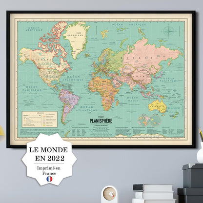 Affiche Carte du Monde actuelle - Planisphère Rétro Décoratif et Pédagogique - Pappus Éditions - PAPPUS EDITIONS