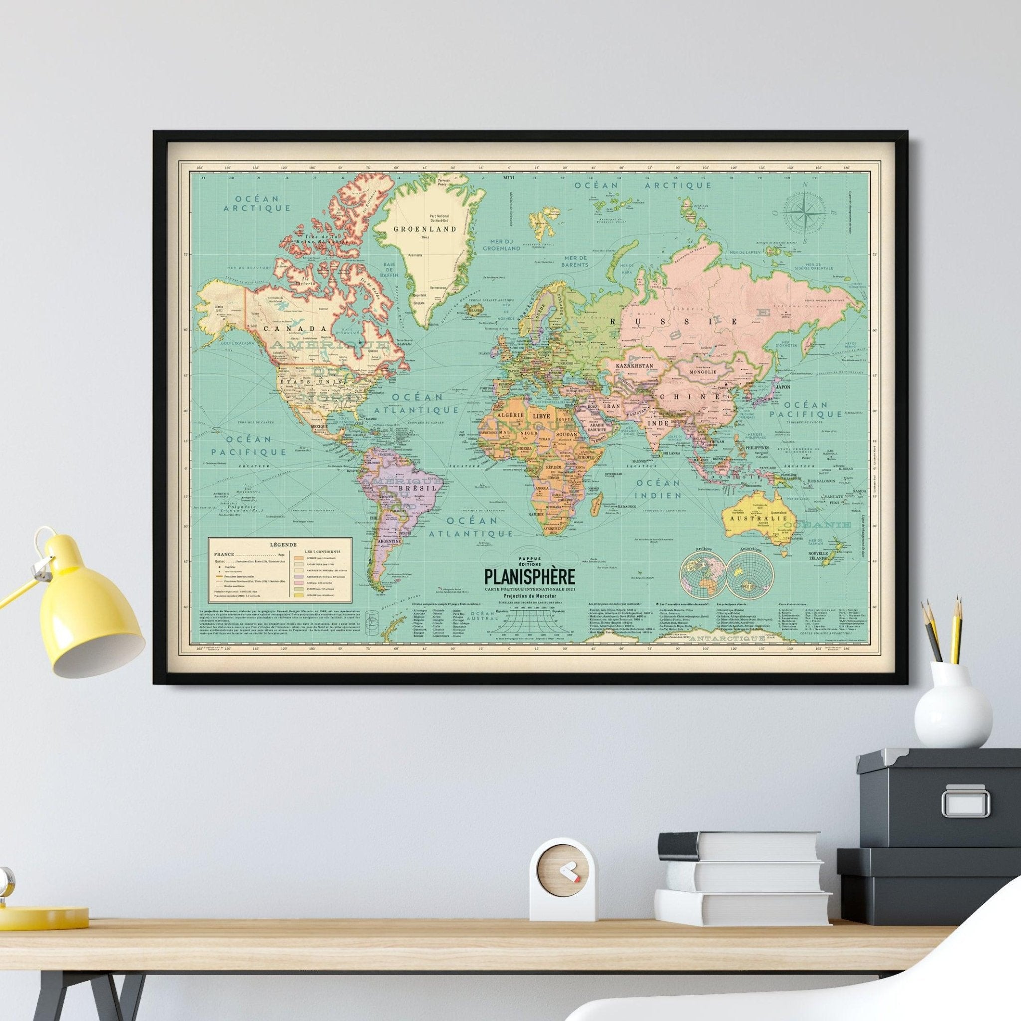 Affiche Carte du Monde Vintage, 2024 - Planisphère Rétro Décoratif et Pédagogique - Pappus Éditions - PAPPUS EDITIONS