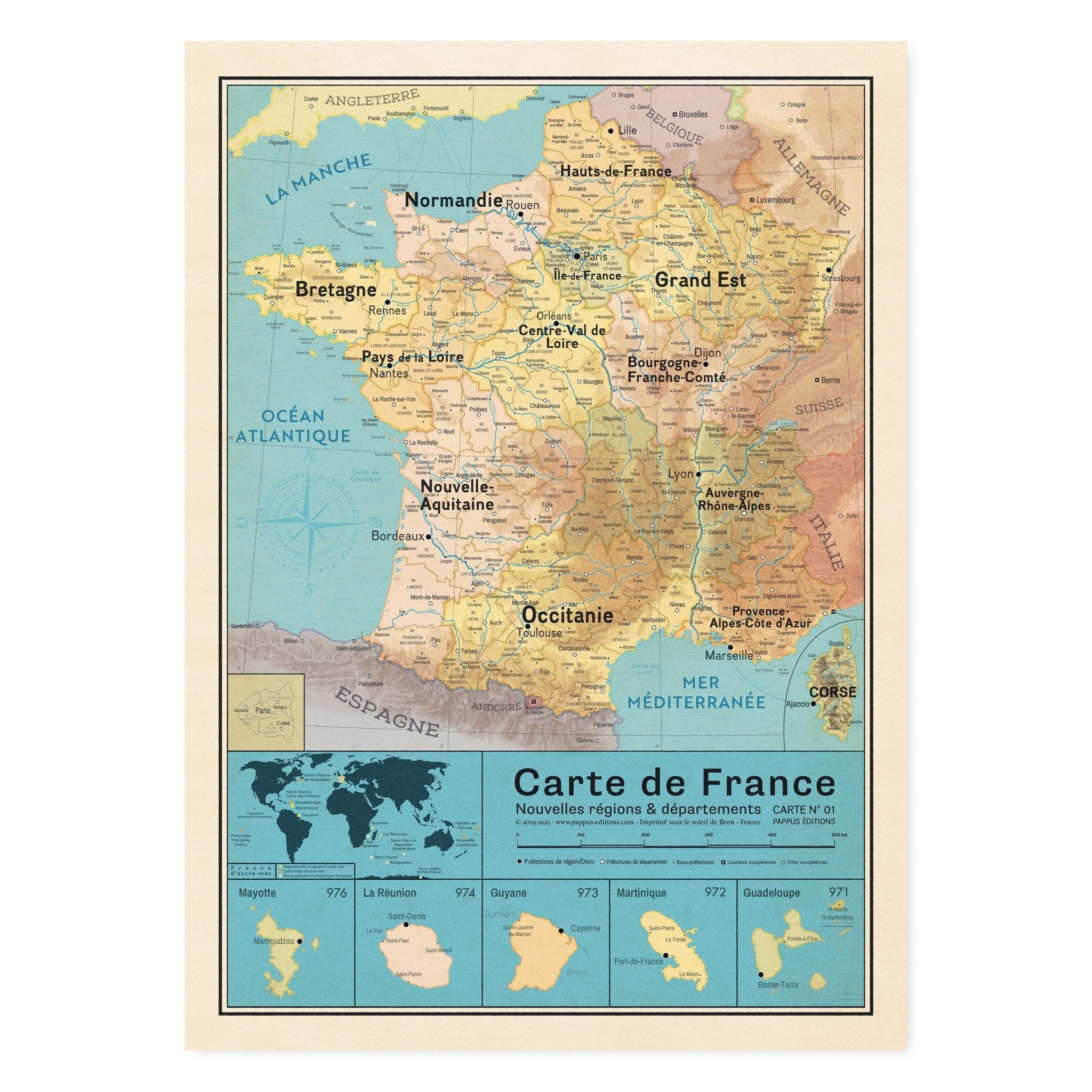 Affiche Carte de France Vintage déco - Nouvelles régions 2015 - Style Carte Scolaire Vidal-Lablache - PAPPUS EDITIONS