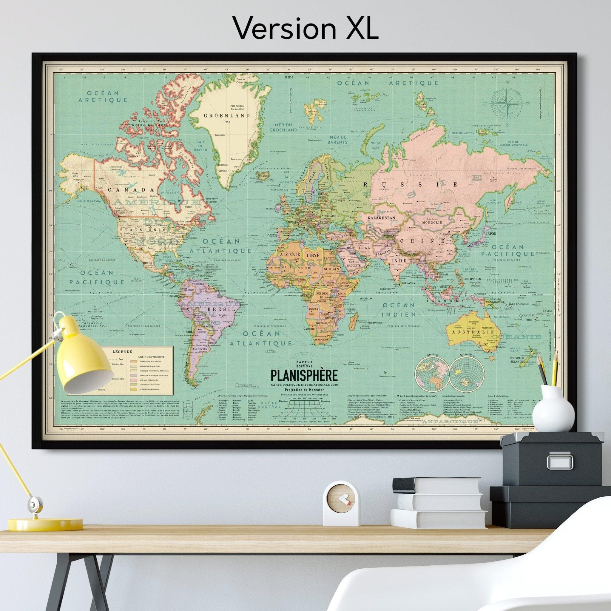 Affiche Carte du Monde Murale Rétro XXL (120x90cm) - Édition 2024 en Français - Style Vintage - PAPPUS EDITIONS