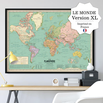 Affiche XXL Carte du monde 2022 style vintage (planisphère en Français) 120 cm x 90cm - PAPPUS EDITIONS