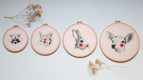 Biche - Sérigraphie sur papier japonais et tambour de broderie - "Painted Animals" Collection Dream Drum