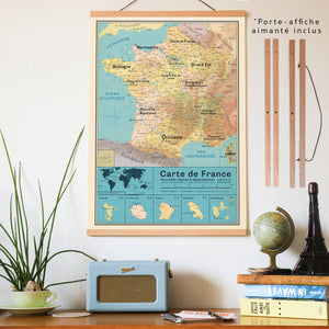Ensemble Affiche Carte France Vintage  XL - Nouvelles régions + porte-affiche aimanté (papier d'archive)