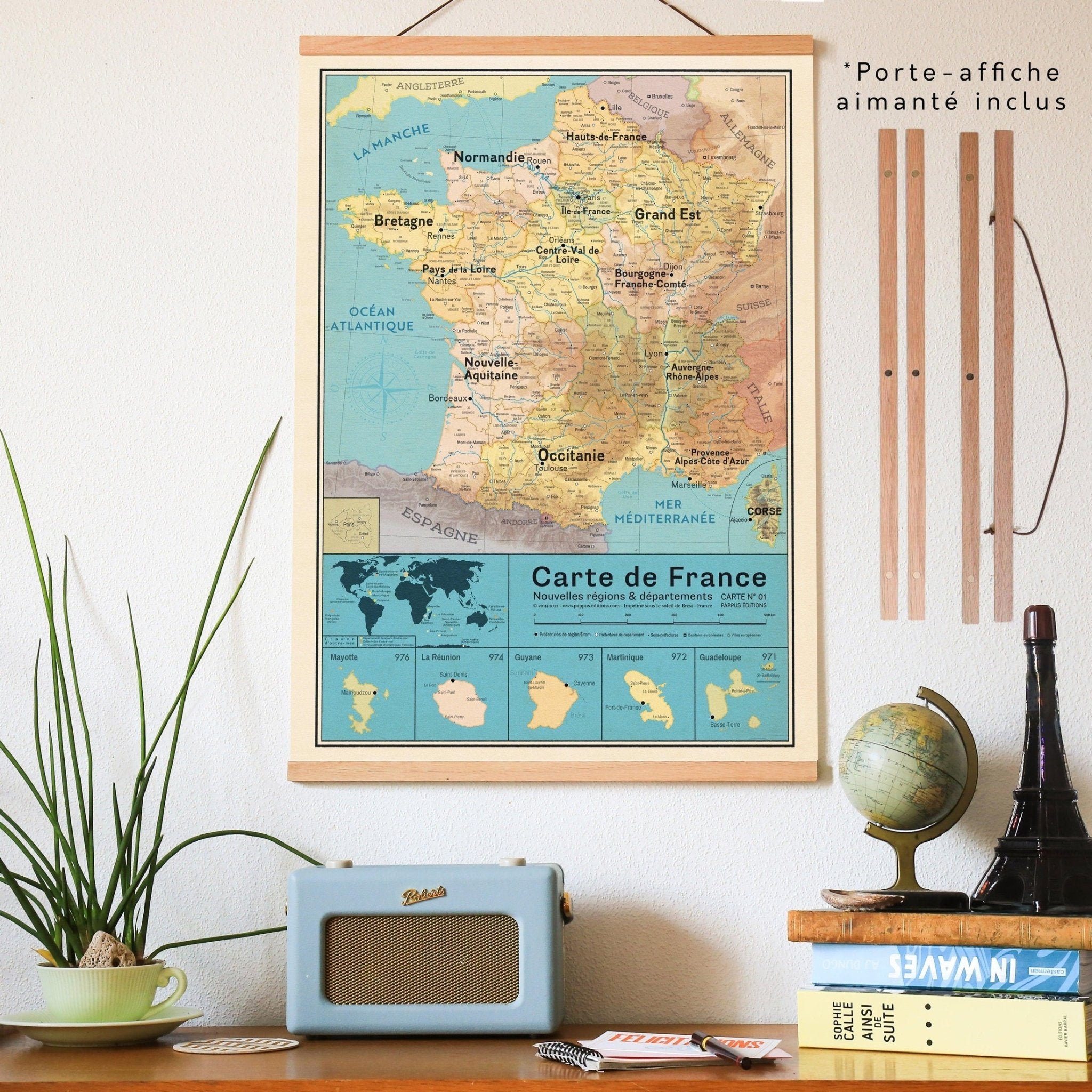 Ensemble Affiche Carte France Vintage - Nouvelles régions avec porte-affiche aimanté - PAPPUS EDITIONS
