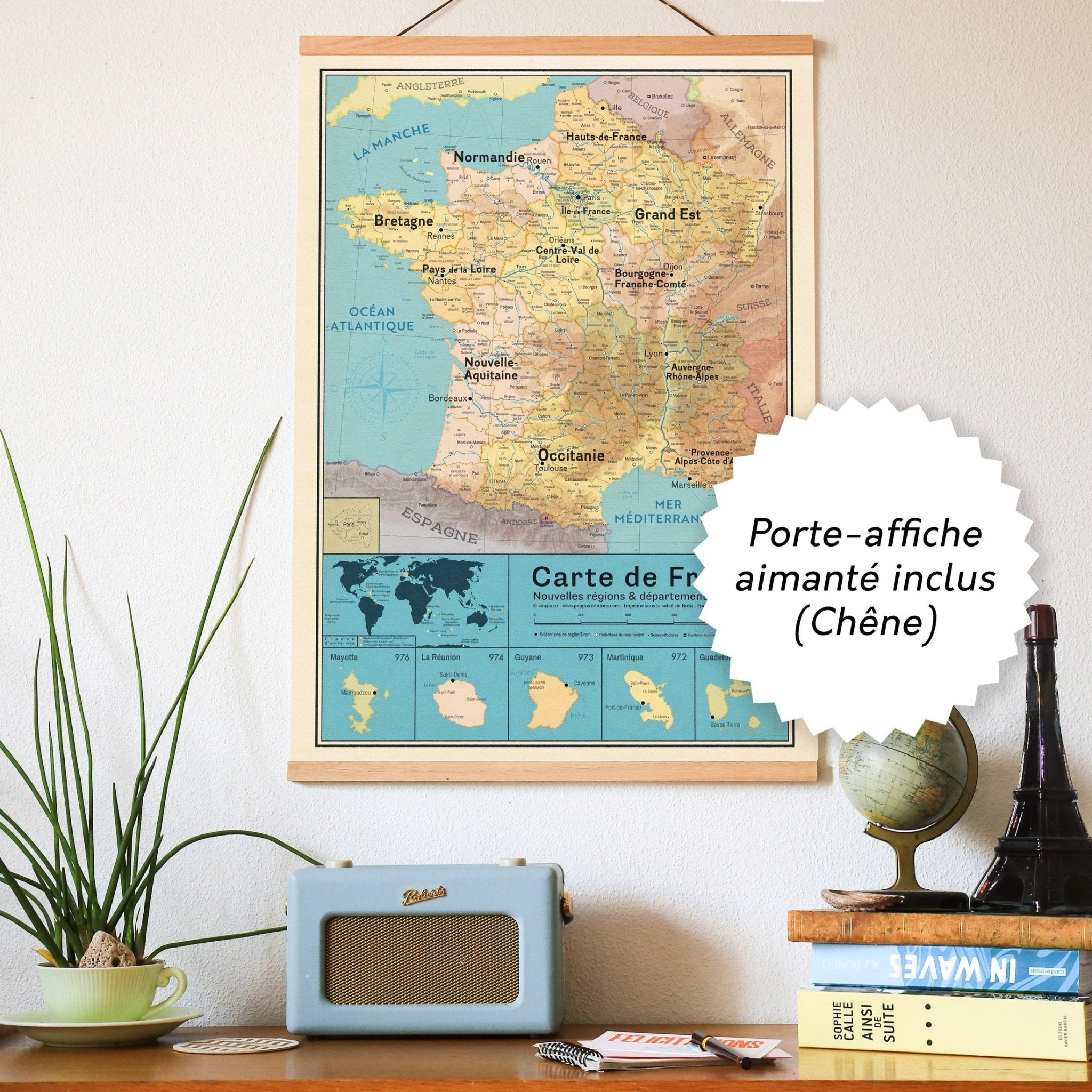 Ensemble Affiche Carte France Vintage XL - Nouvelles régions + porte - affiche aimanté (papier d'archive) - PAPPUS EDITIONS