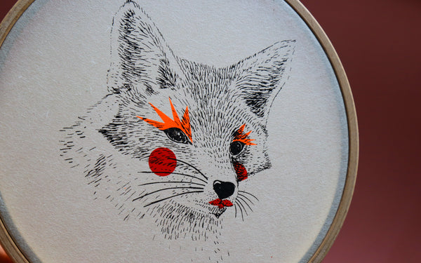 Le renard - Sérigraphie sur papier japonais et tambour de broderie - "Painted Animals" Collection Dream Drum