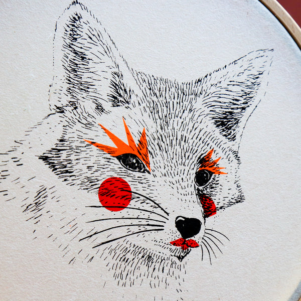 Le renard - Sérigraphie sur papier japonais et tambour de broderie - "Painted Animals" Collection Dream Drum