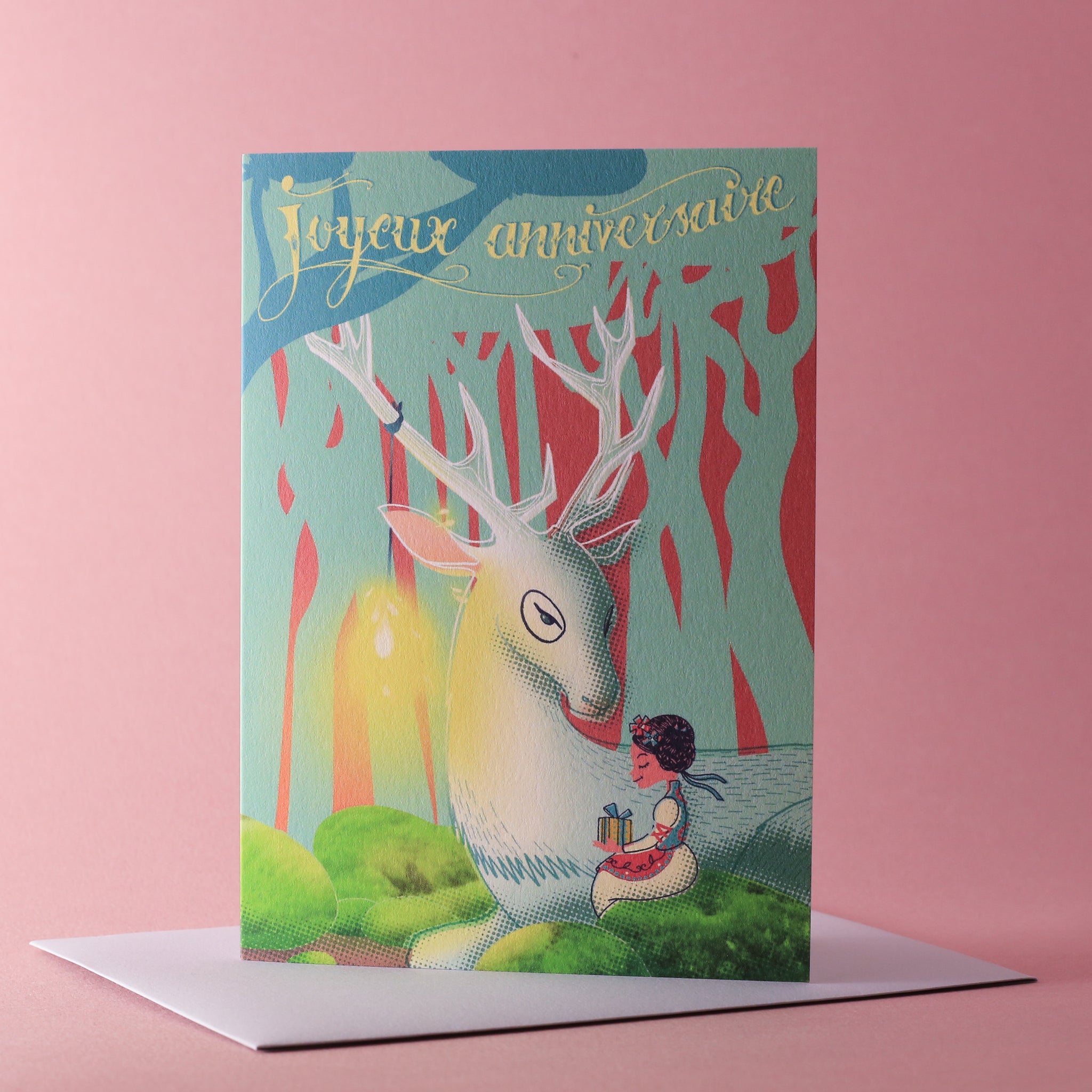 Carte double Joyeux anniversaire - Le cerf et l'enfant - Série Songes